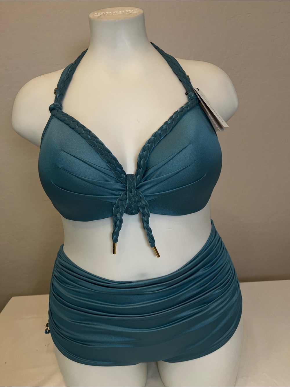 l*space Teal Braided Halter Bikini Top with Ruched High-Waist Bottoms